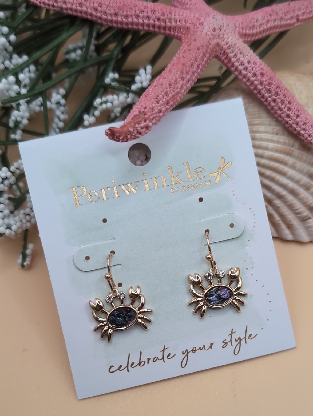 Periwinkle by Barlow Gold Crab Earrings with Iridescent Abalone NWT